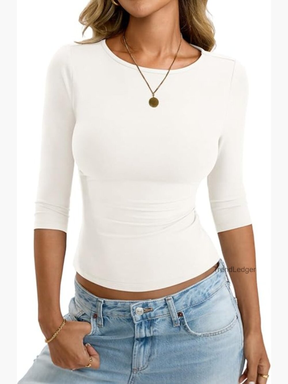 Slim Fit 3/4 Sleeve Boat Neck Tee, Polyester Blend, Lightweight Basic Top